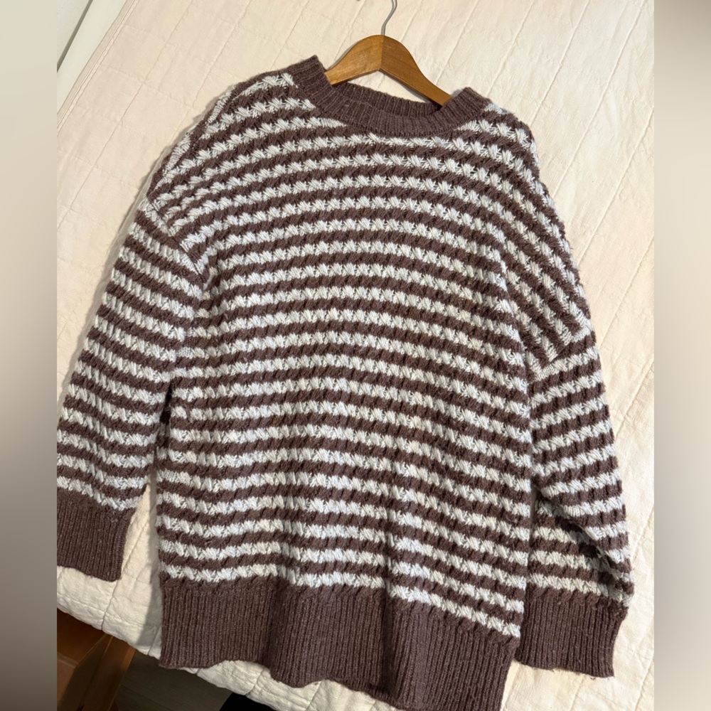 Zara Brown and White Striped Wool Blend Sweater